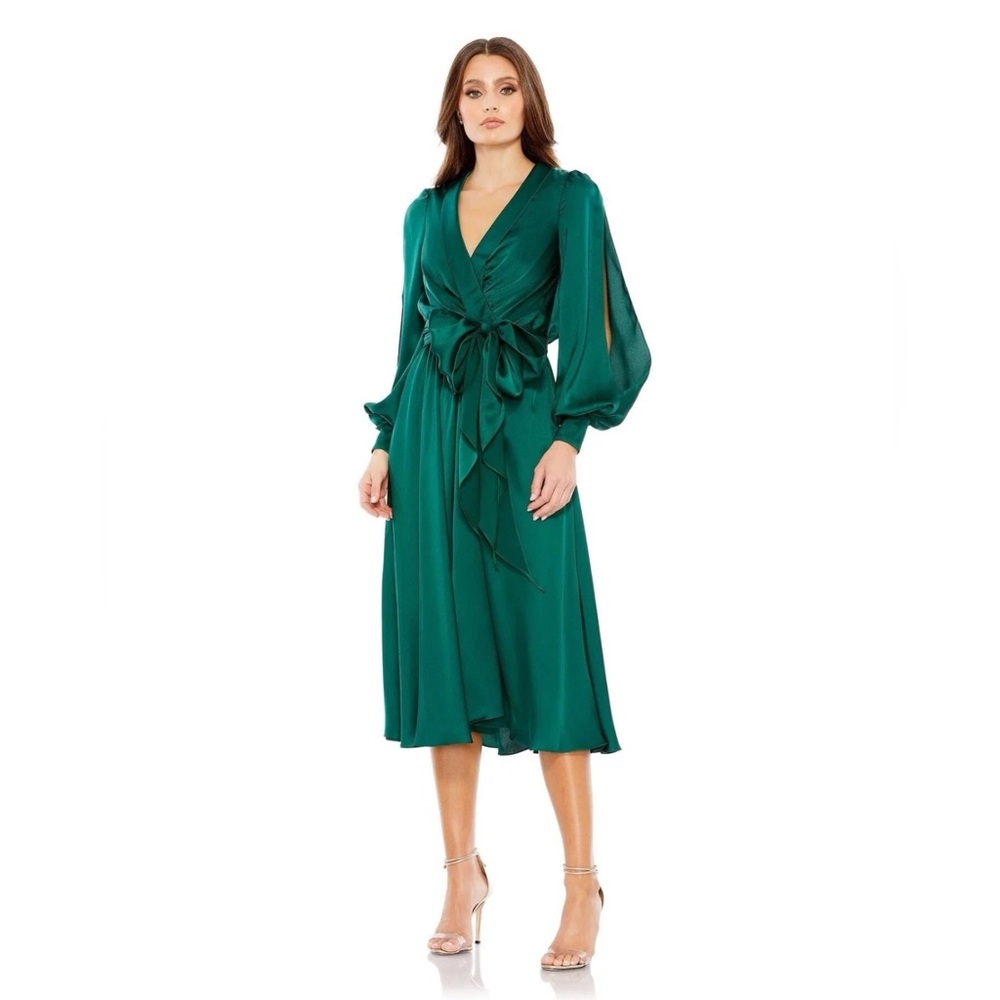 Size 4 Mac Duggal Green Chiffon Midi Dress with Bow Detail – Style 49582 (NWT)